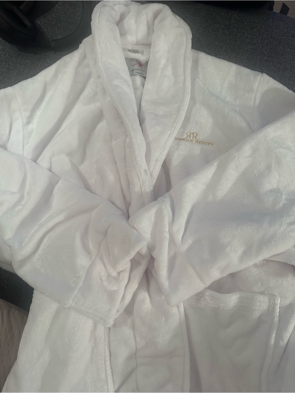 White Plush Shawl Collar Robe with Gold Embroidered Monogram